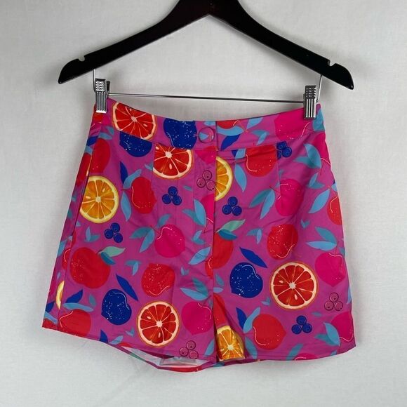Fruit print high waisted hot shorts with side pockets pink - Picture 7 of 11